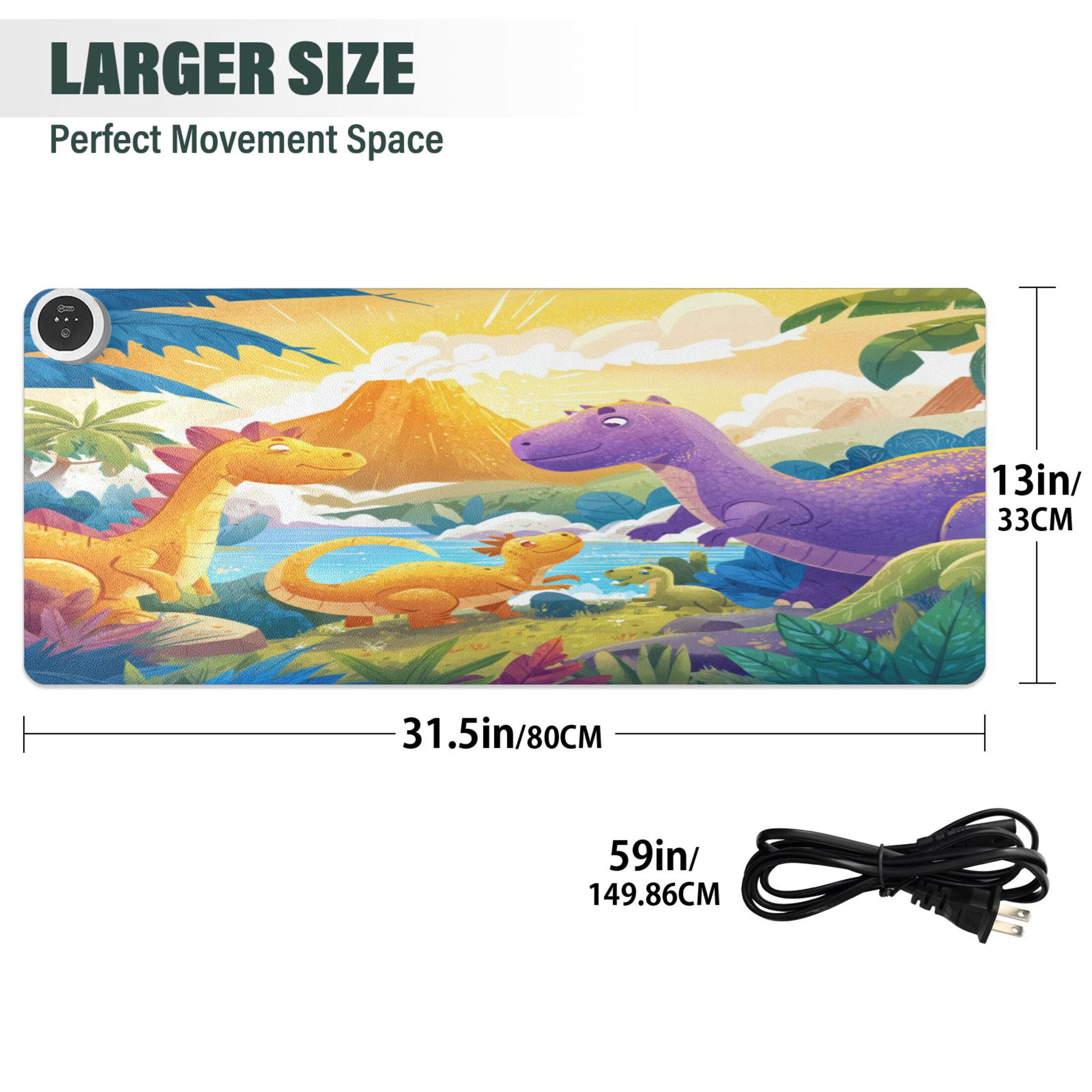 Large Heated Desk Mat Mouse Pad 31.5"x13"PU Leather Graphene Heating Desk Warmer with 3 Temperature Settings 110V US Plug Non-Slip Warm Pad for Home, Office, and Gaming Cute Dinosaur Volcano Scene