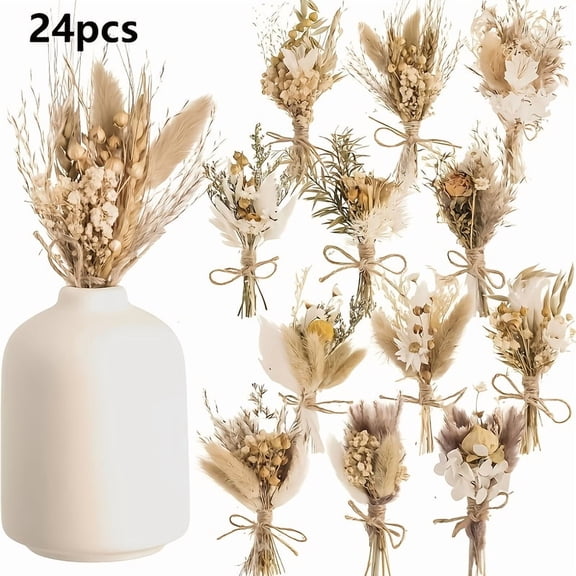 24Pcs Mini Dried Flower Bouquet, 6 Inch Small Dried Flowers With Soft Beige &White Tones, Daisies, Baby’s Breath, Perfect For Boho Wedding Decor, Rustic Wedding Decor, Vase Arrangements, Home Decor