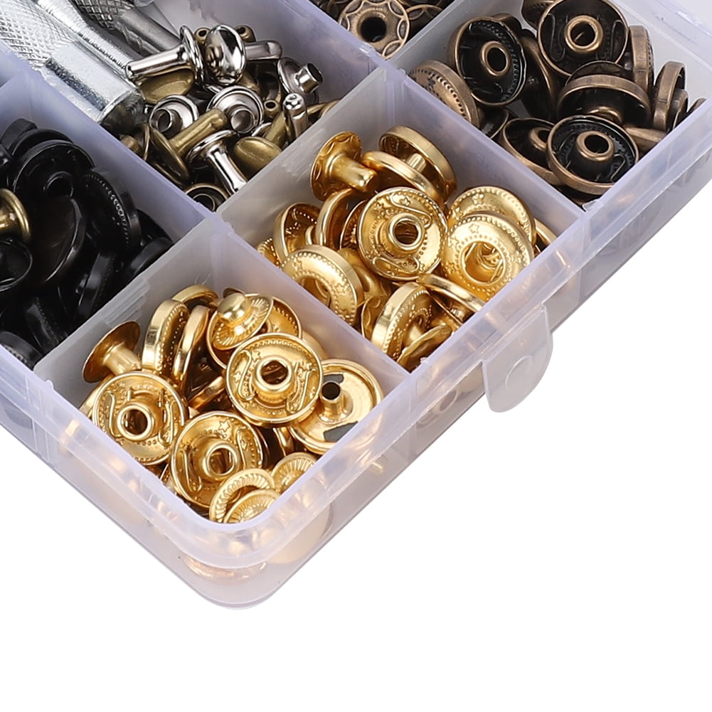 Rivet Snap Fastener Kit, 140 Set Rivet Buttons Press Studs Rapid Button Brass Metal Buttons Snap Fastener Kit with Installation Tools Punch Pliers 12.5mm for Clothes Jeans