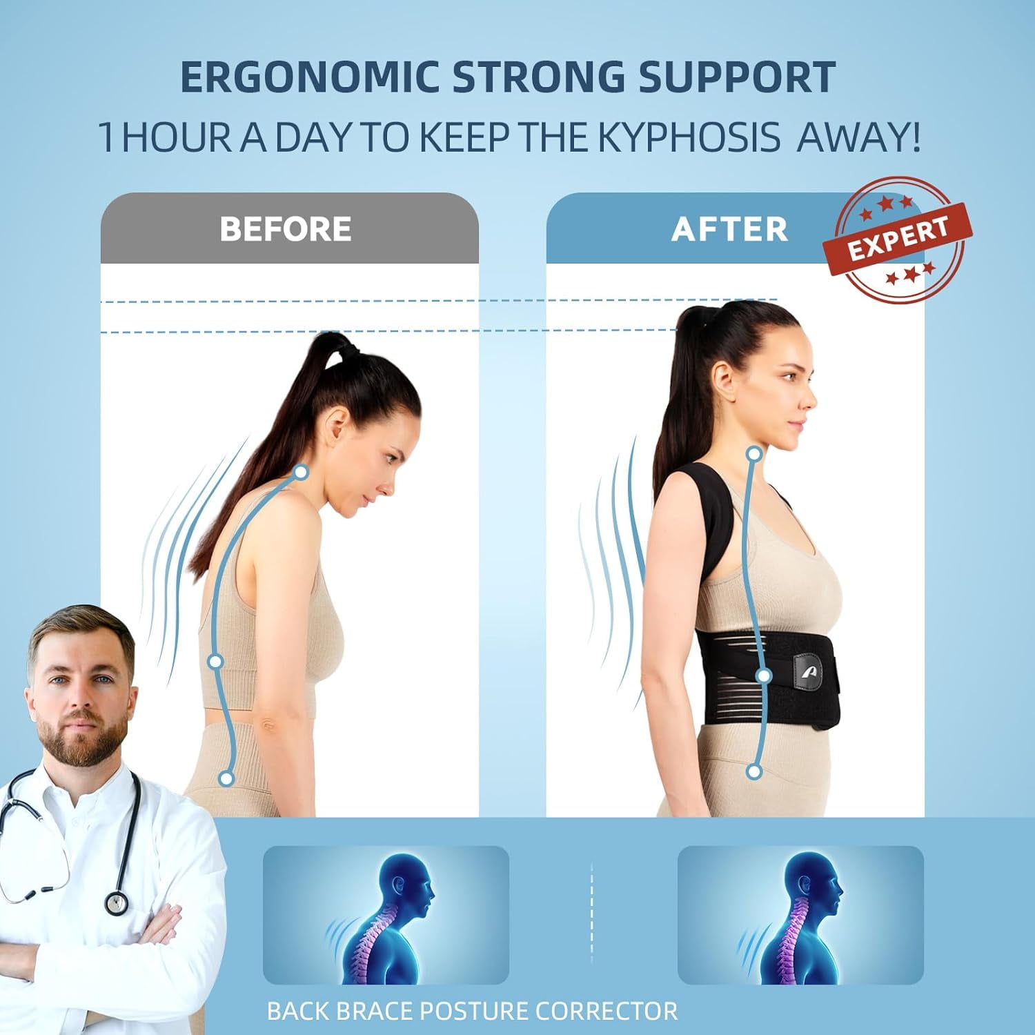 GKTG Posture Corrector Support Back Brace: Adjustable Body Posture Brace for Men and Women Medium