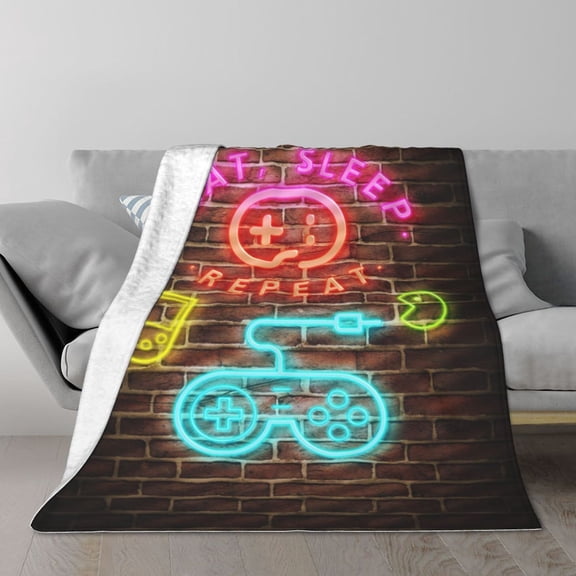 TEQUAN Double Layer Plush Bed Blanket, Eat Sleep Game Repeat Gamer Handle Pattern Cozy Soft Air Conditioner Throw Blankets, 50" x 40"