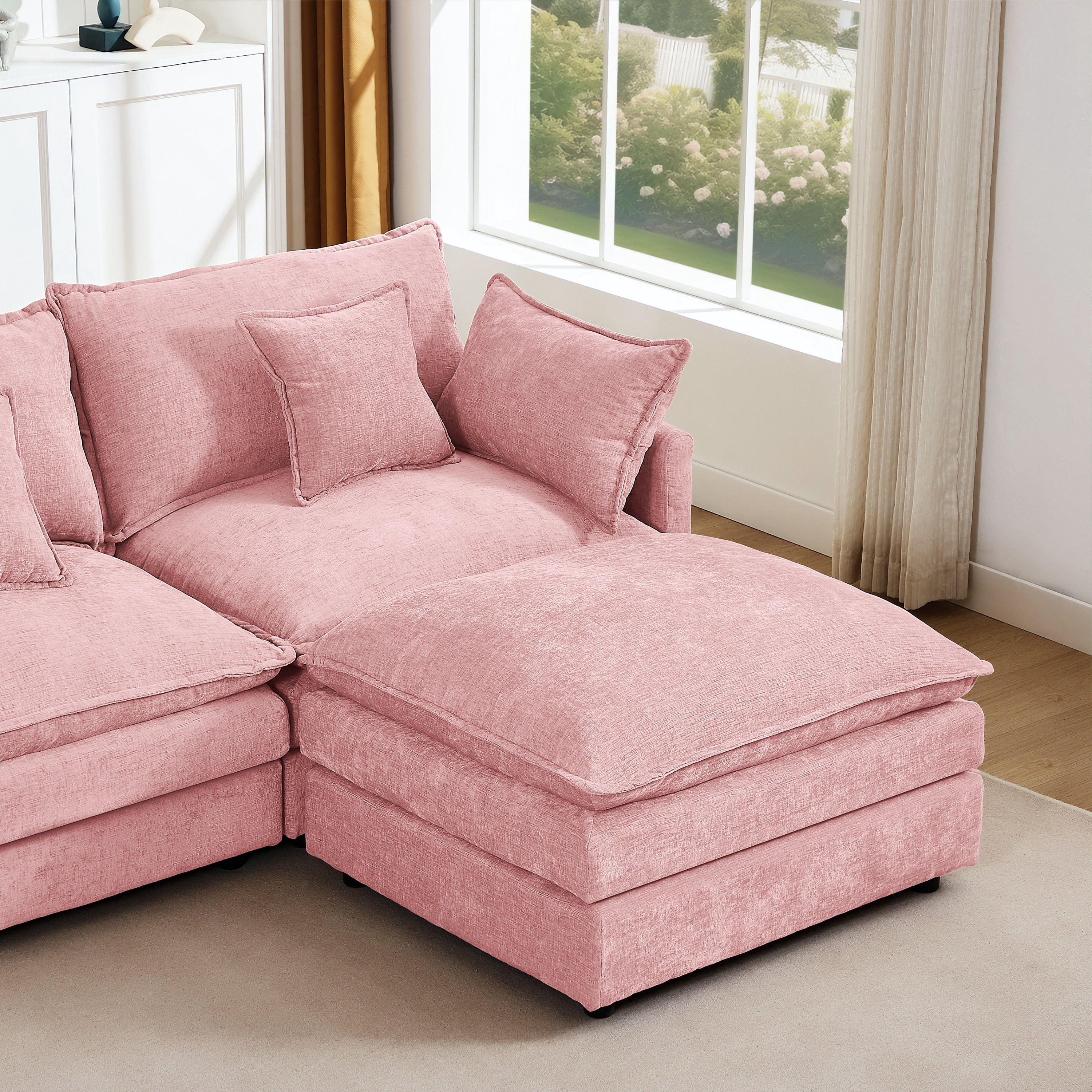 Muumblus Sectional Cloud Couch with Reversible Ottoman, L-Shaped Chenille Sofa for Living Room, Pink
