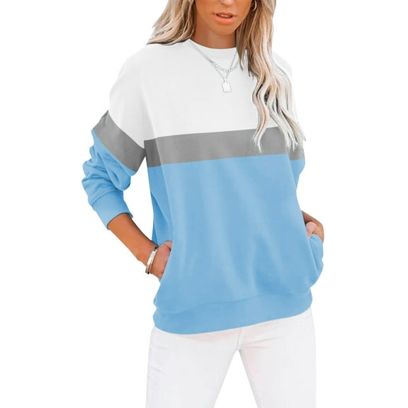 SHIBEVER Long Sleeve Shirts for Women Crew Neck Sweatshirts Womens Clothes Fall Shirts Casual Tops for Women Color Block Winter Sweat Shirts Blue L