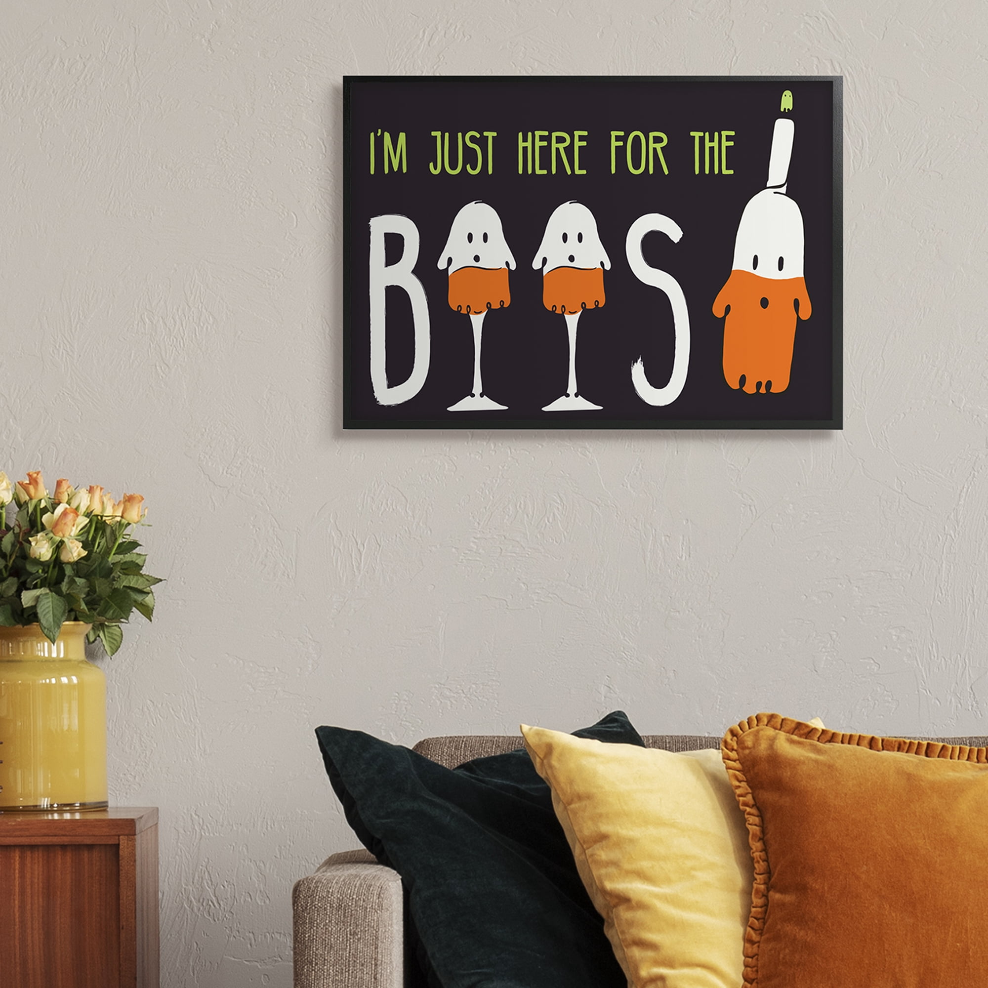 Stupell Industries Here for the Boos Phrase Halloween Ghost Pun Fairy Tales & Fantasy Painting Black Framed Art Print Wall Art, 24 x 30