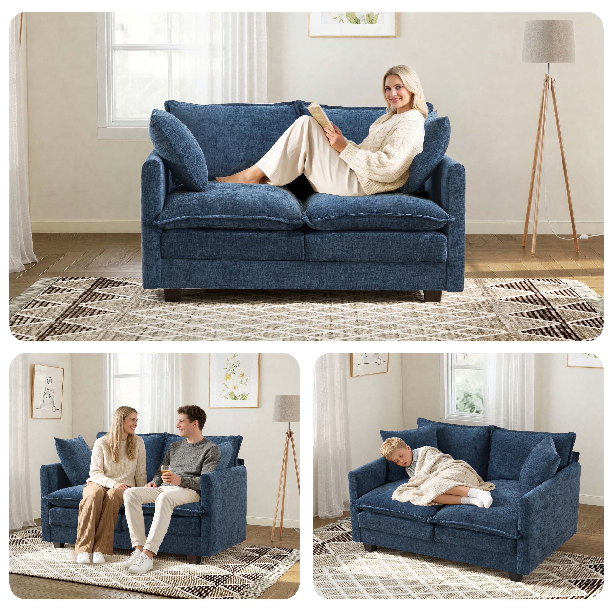 Dioepic 50" Loveseat Sofa Couch Deep Seat Chenille Fabric with 2 Pillows for Living Room and Small Spaces, Blue