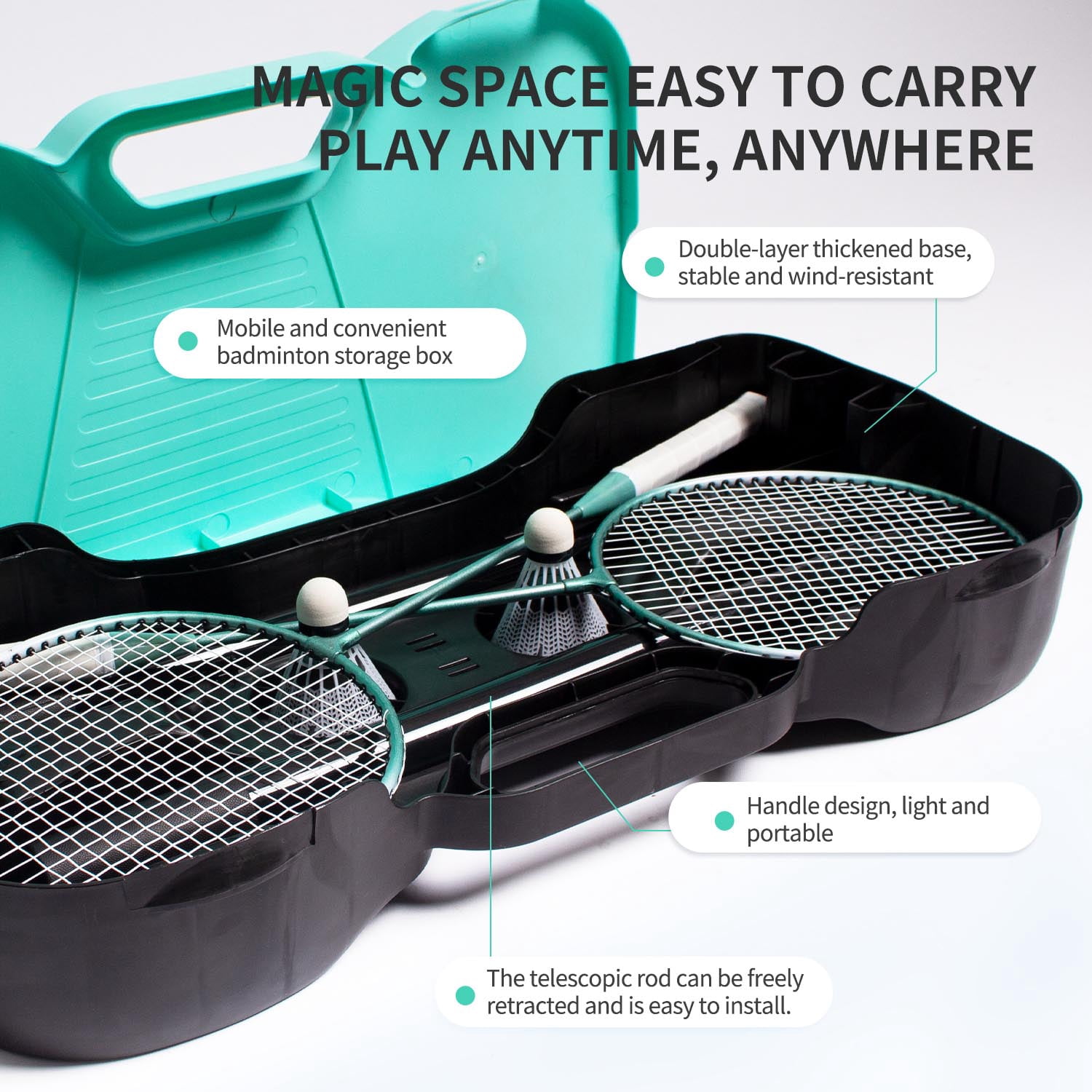 Badminton Set, with Net, 4 Racket, 4 Birdies, Portable Storage Box, for Backyards, Outdoor Games, Yard Games