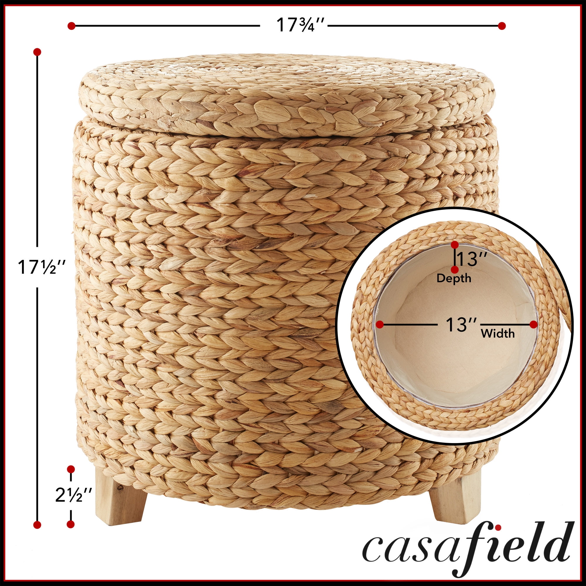 Casafield 17" Round Storage Ottoman with Lid - Natural, Handwoven Footstool for Living Room, Bedroom, Bathroom, Home Office