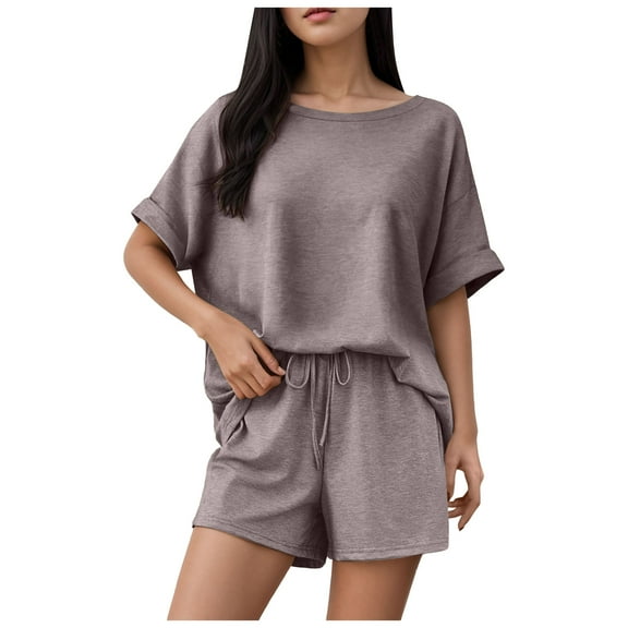 GEWSEY 2 Piece Sets Women Striped Tee Shirt Shorts Set Short Sleeve Loose Fit Shirt Elastic Waist Shorts Lounge Outfits Set (Coffee, L)