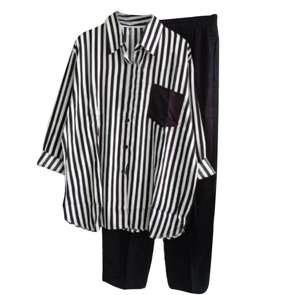 Two Piece Sets for Women Summer Outfits Sets Striped V Neck Tops Wide Leg Pants Set Casual Loose Going Out Outfits Set with Pockets