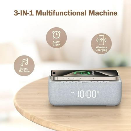 15W Fast Wireless Charging Alarm Clock with White Noise for Bedroom & Office