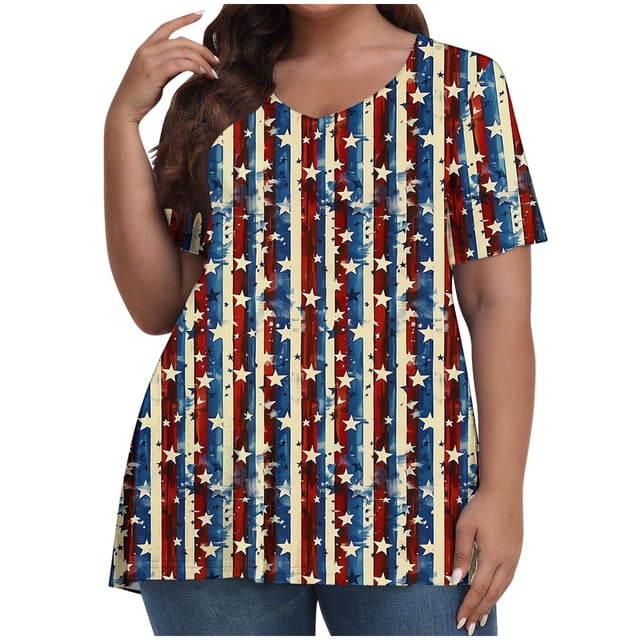 T-Shirt à Manches Courtes Imprimé pour la Fête de l'Indépendance pour Femmes, Col Rond, Polyester, Coupe Ample, Léger, Respirant, pour Usage Quotidien