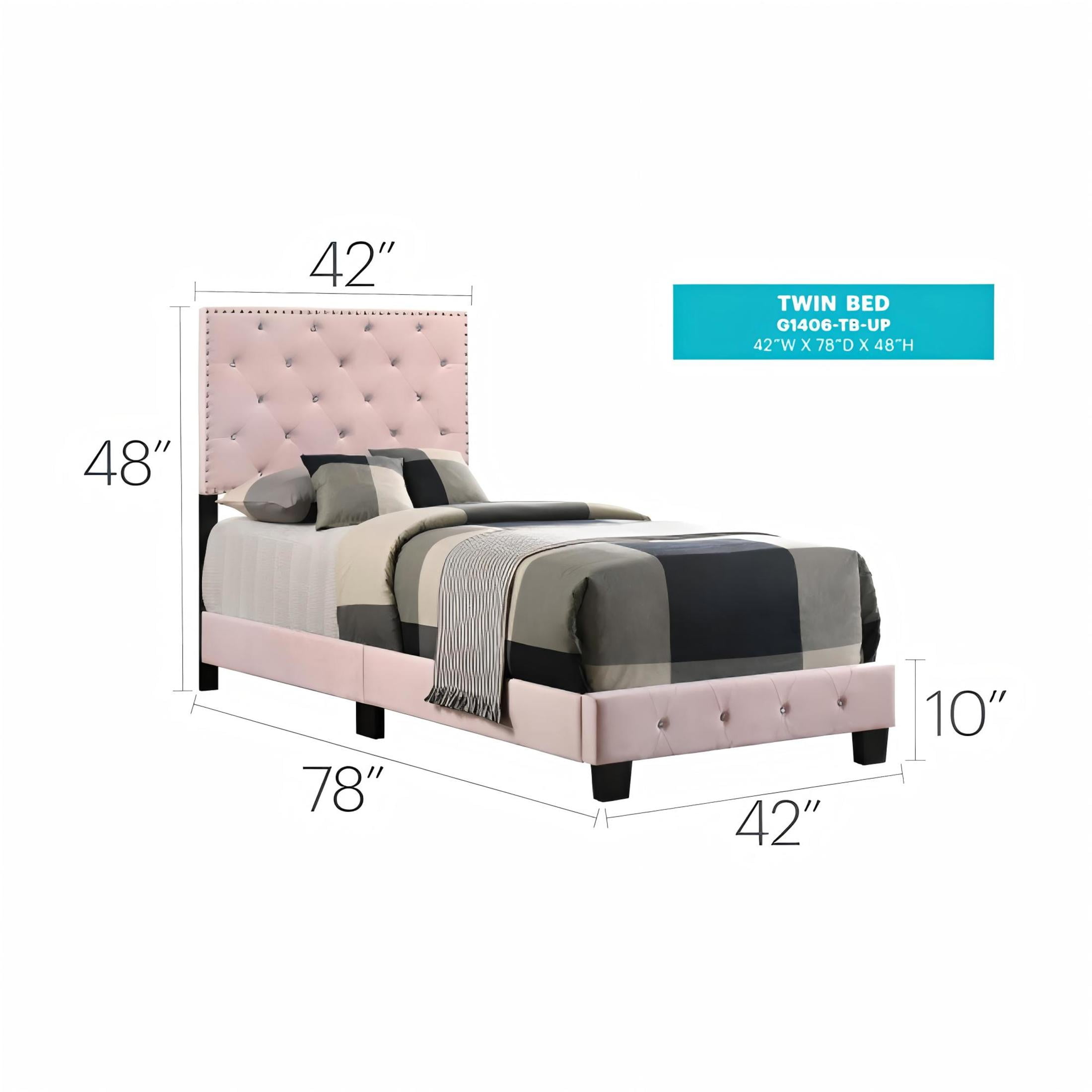 Noble House Casual Velvet Twin Bed for Kids with Tufted Headboard, Wood Supports, Pink