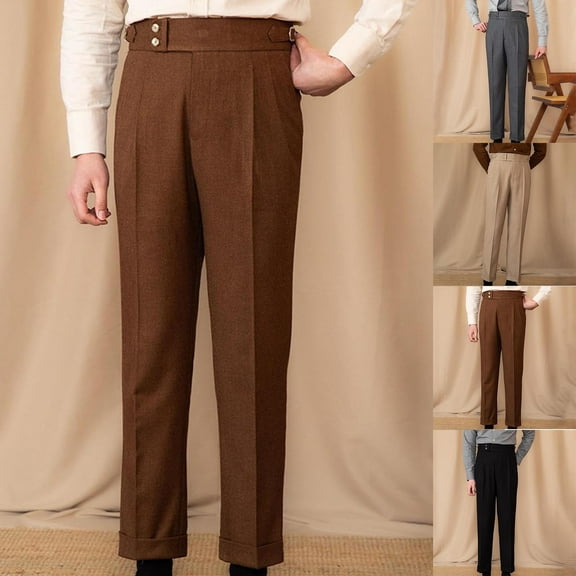 Brondbend Work Pants Mens Straight Pants for Men Elastic High Waist Zipper Trousers with Pocket Solid Leisure Flat Front Trousers Classic Fit Date Night Suit Pants