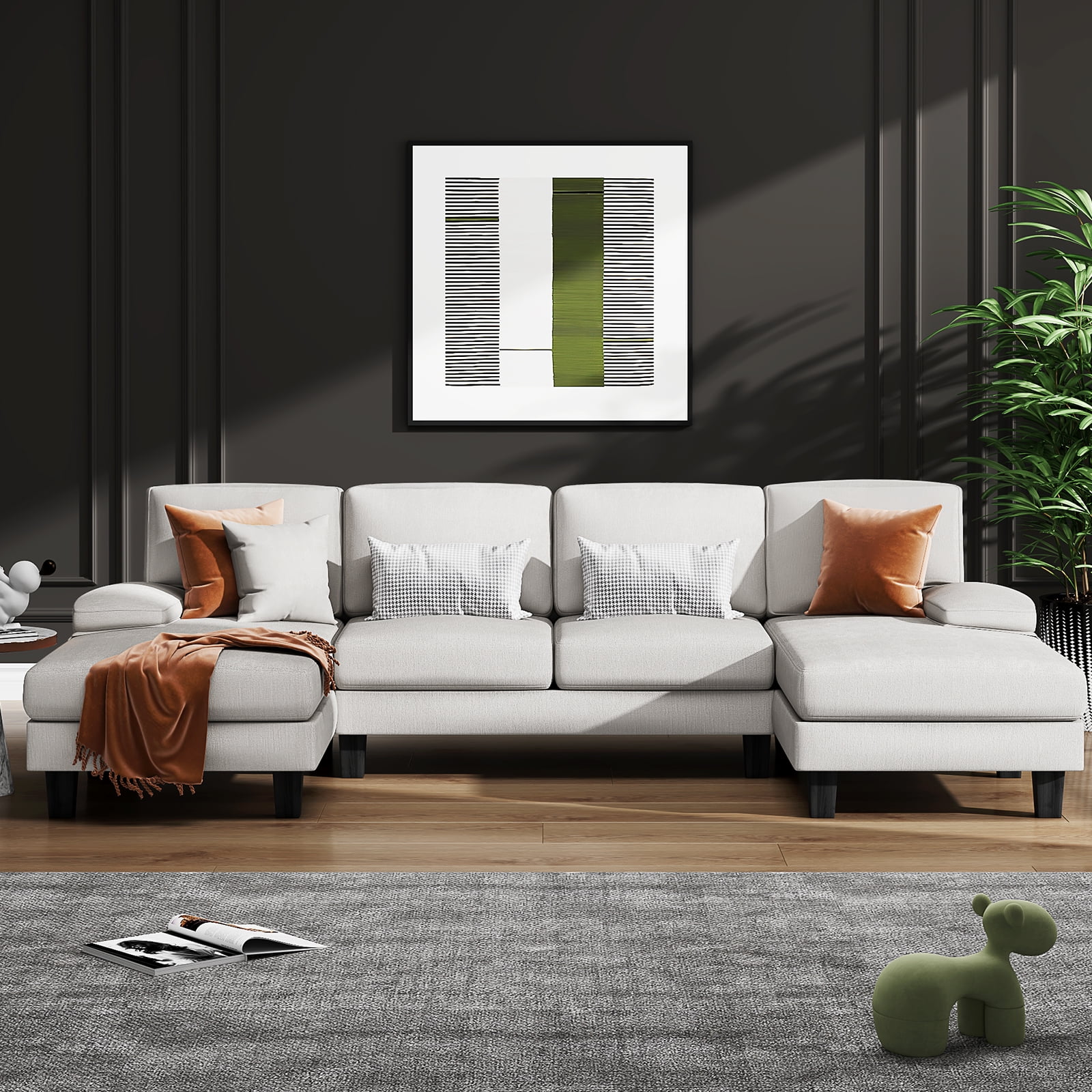 Furmax U-Shaped Sectional Sofa with Chaise, 4 Seats Chenille Fabric Sofa for Living room, White