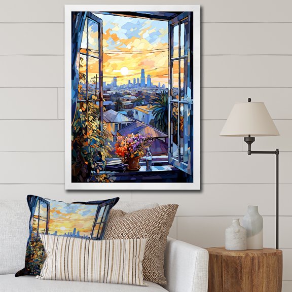 Designart "Los Angeles Sunset with Floral Window View" Floral Framed Wall Art - Traditional Blue Window Bedroom Framed Canvas Wall Art