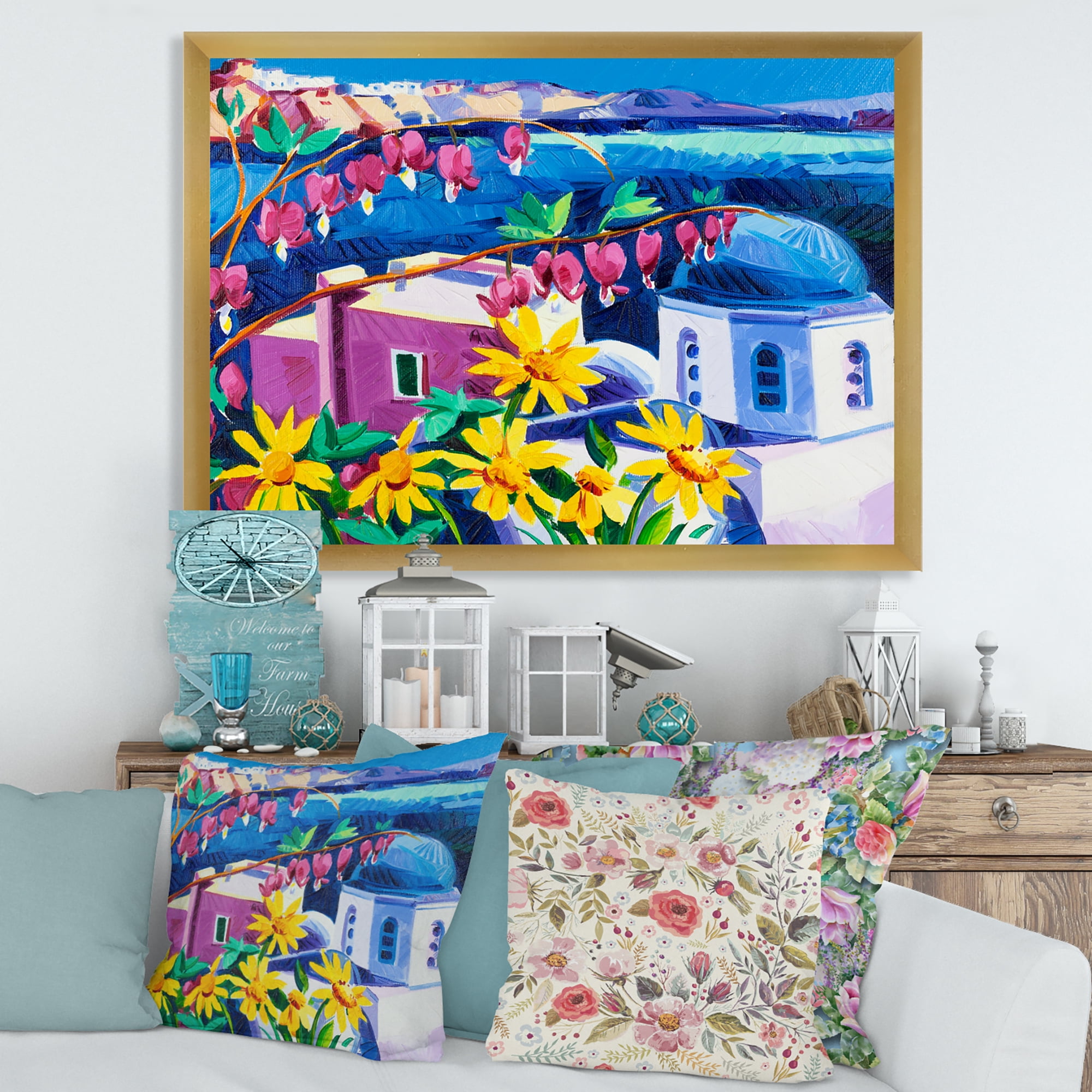 Designart 'Colorful Traditional Santorini Churches Among Flowers' Nautical & Coastal Framed Art Print