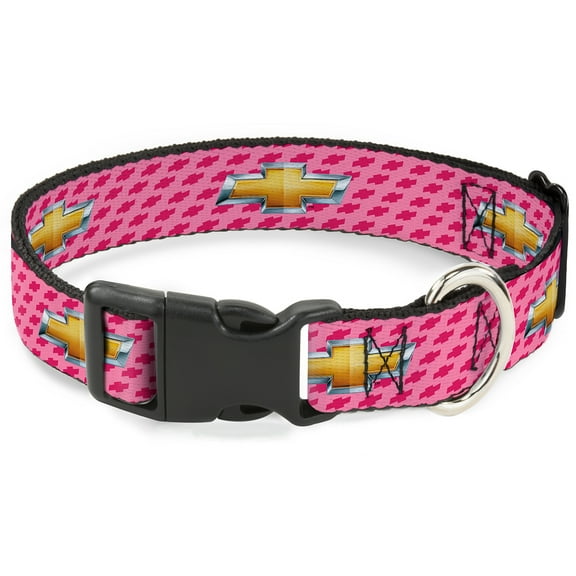 GM General Motors Pet Collar, Dog Collar Plastic Buckle, Chevy Gold Bowtie Logo Pink, 11 to 16.5 Inches 1.0 Inch Wide