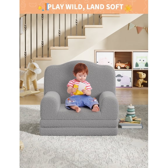Kids Sofa Chair, Sherpa Convertible Toddler Couch with Washable Cover, Fold Out Sofa Bed for Playroom