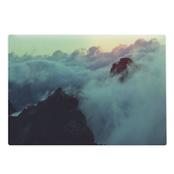 Clouds Cutting Board, Hills in the Large Cumulus Clouds View Mountains Tranquility Nature Theme, Decorative Tempered Glass Cutting and Serving Board, Large Size, Blue Brown, by Ambesonne