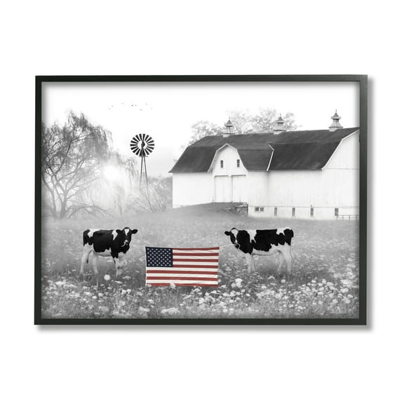 Stupell Americana Barn Country Cows Flag Animals & Insects Painting Black Framed Art Print Wall Art