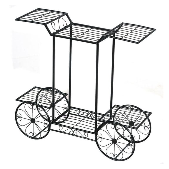 6-Tier Garden Cart Flower Rack, Metal Plant Stand Display Shelf for Indoor Outdoor Use, Vertical Pot Holder Decor, Parisian Style Trolley, Black