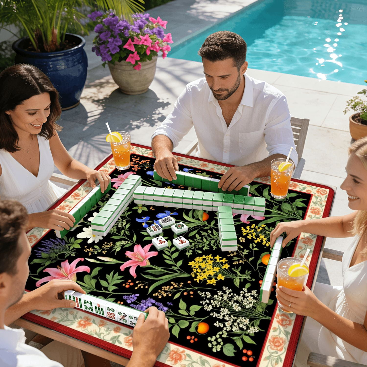 Mahjong Mat 31.5" x 31.5" Floral Pink Lilies Blue Irises White Yellow Flowers Black Non-Slip Noise Reduction American Mahjong Tiles Table Cover for Dominoes Poker Card Board Games Gift