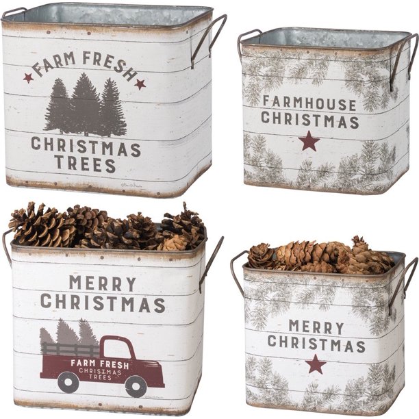 Primitives by Kathy 39896 Farmhouse Tin Buckets, Farm Fresh Christmas Trees