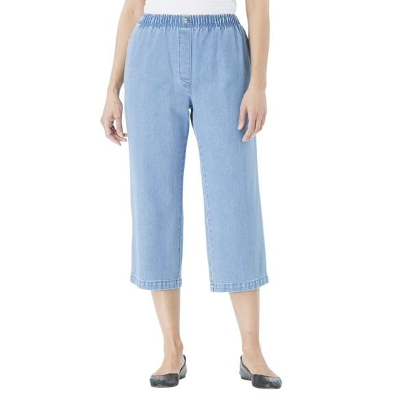 Woman Within Plus Size Petite 7-Day Elastic-Waist Pull-On Cotton Denim Capri Jeans