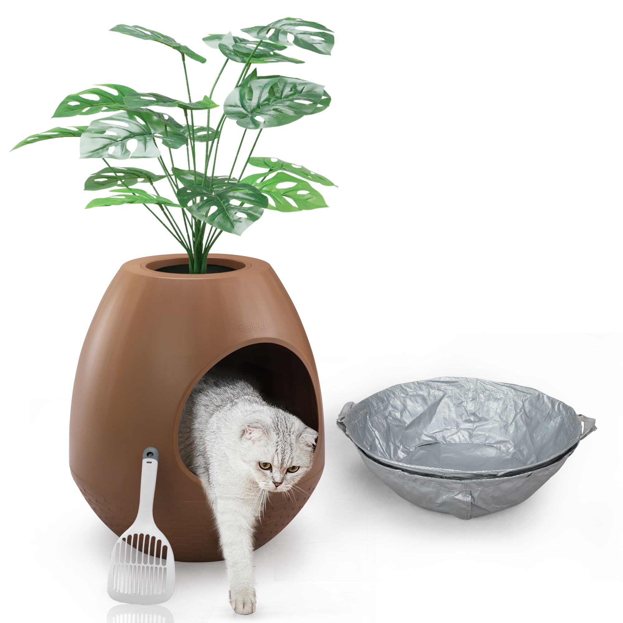 Eggloa6 Cat Plant Litter Box Set With Artificial Plants, Attached Scoop, Replaceable Litter Box Liners, Hidden Cat Litter Box Furniture, Brown