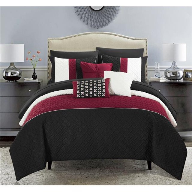 Chic Home CS8132-US 10 Piece Lior Quilted Embroidered Design Bedding Comforter Set, Black