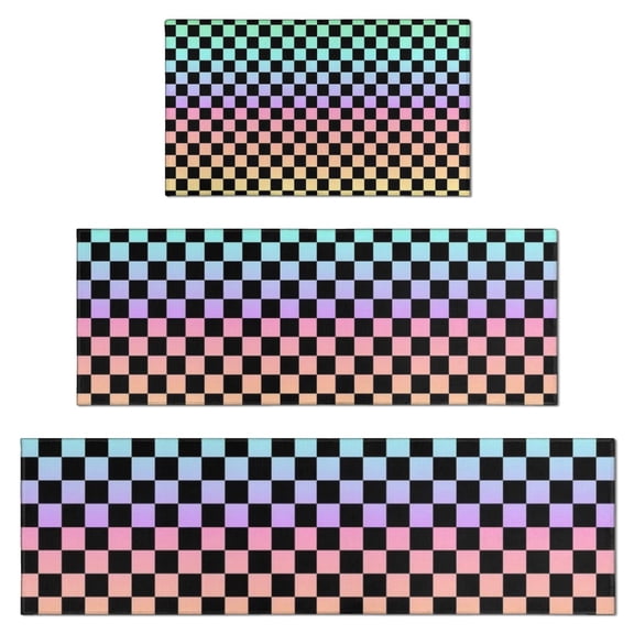 Gradient Color Checkered Pattern Kitchen Rugs Sets Of 3,Kitchen Runner Rugs Non Skid Washable,Decorative Kitchen Floor Mats for Kitchen,Sink,Laundry,17"x30" 17"x47" 17"x59"