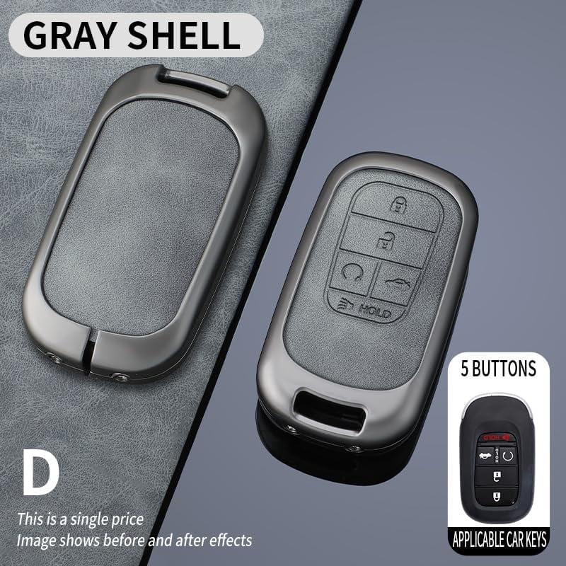 Gray Metal Leather 5 Button Key Fob Cover Fit for Honda Civic 2024 2023 Accord CR-V HR-V V Pilot SI EX EX-L Touring Keyless Key Holder with Keychain
