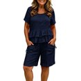 thumbnail image 3 of AHTJRT Cotton Linen Set for Women Lightweight Casual Outfits Dressy Crewneck Short Sleeve Top and Loose Shorts Navy S, 3 of 7
