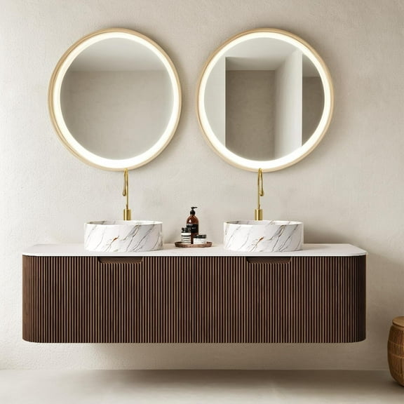 60" Floating Bathroom Vanity with Sink, Wall-Mount Cabinet 2 Large Storage Drawer, 2 White Ceramic Basins with Stone Pattern and Marble Top, Soft-Close Design, Dark Walnut