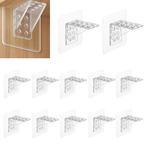 12PCS Shelf Brackets Clear Plastic Adhesive Shelf Support Pegs Thickened Punch Free Shelf Peg for Kitchen Bookshelves Book Closet Cabinet