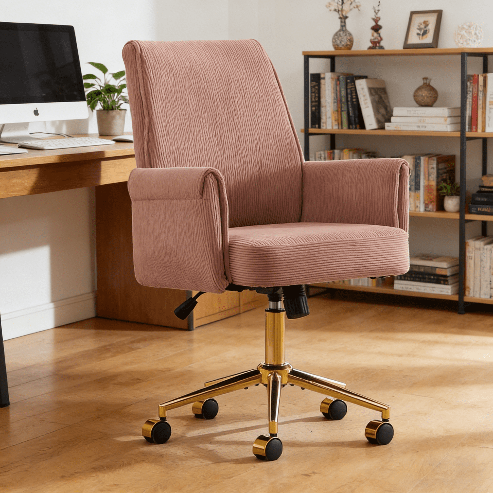 Gewnee 24.8''Office Chair,Memory Foam Seat Cushion with Waist Support,Adjustable Height,Golden Metal Base.Pink