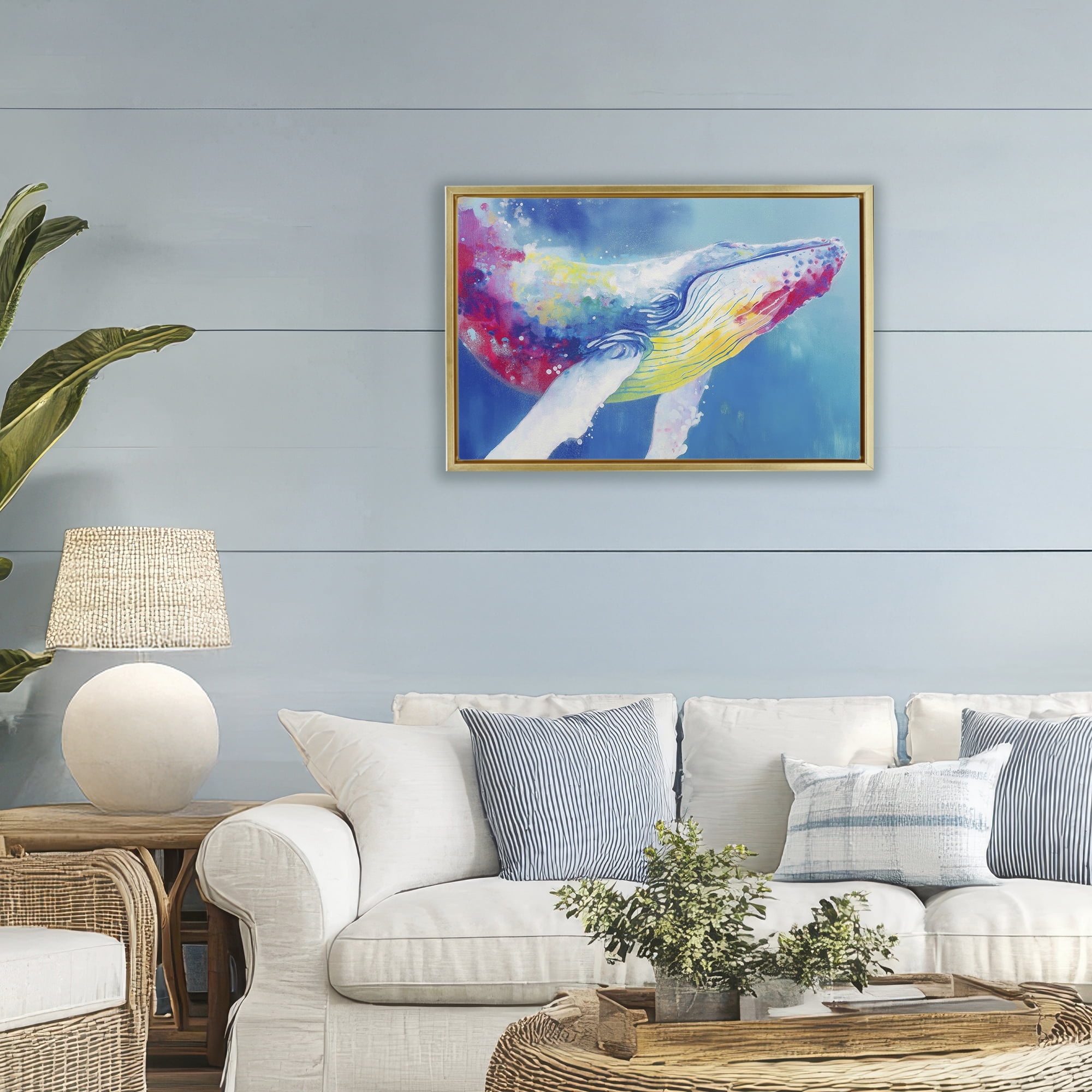 Stupell Industries Breaching Humpback Whale Gold Framed Floater Canvas Wall Art, design by Chromatic Storm Studio