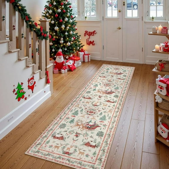 Cinvoph Christmas 2x6 ft Runner Rugs for Hallway Kitchen Bedroom Beside Laundry Room Bathroom Rug Non Slip Low Pile Stain Non-Slip Soft Foldable