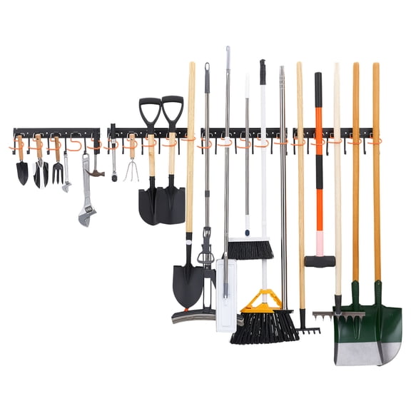 KFFKFF Garage Tool Organizer 68 Inch 450 lbs Wall-Mounted Storage Rack, Durable Hanging System with 4 Rails, 24 Fixed L-Hooks,and 20 Adjustable S-Hooks for Garden Tools,Shovels, and Shed Organization