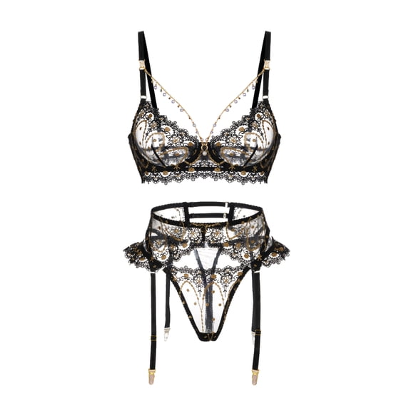 Opulent Lace Pearl-Embellished Lingerie Set (BLACK, S)