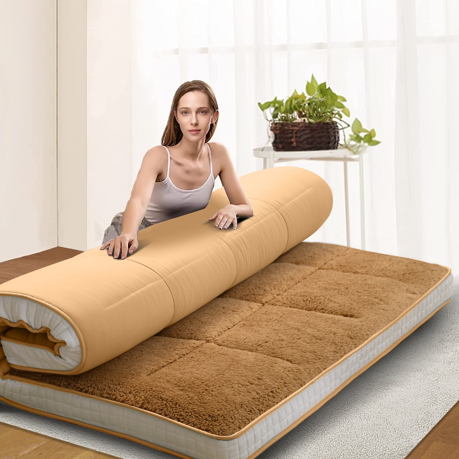 Slsy Japanese Floor Mattress for Adults, 4" Thick Sherpa Fleece Futon Mattress, Roll Up Sleeping Pads, Reversible and Portable Folding Foam Floor Bed Tatami Mat