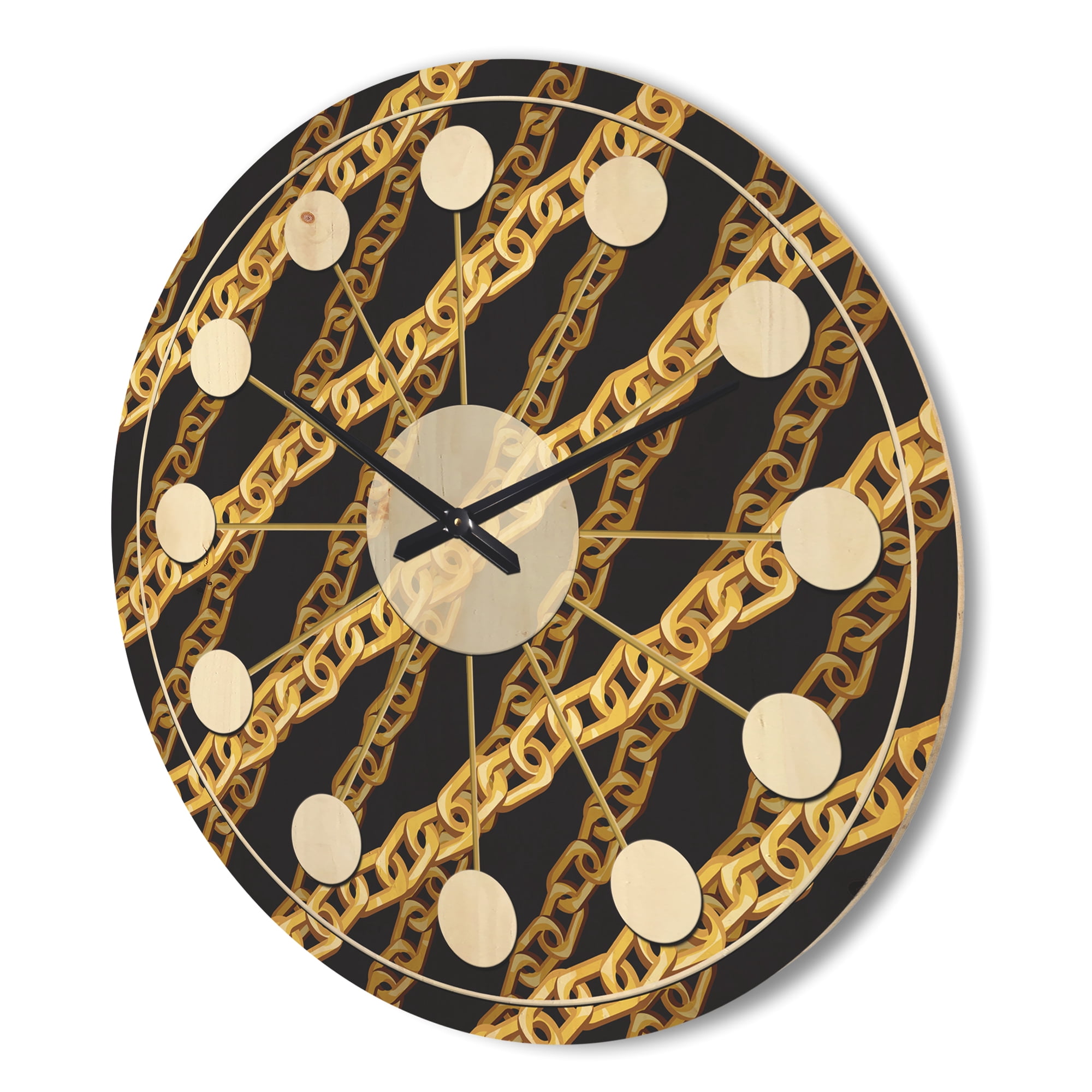 Designart 'Golden ZigZag Chain On Black' Mid-Century Modern Wood Wall Clock