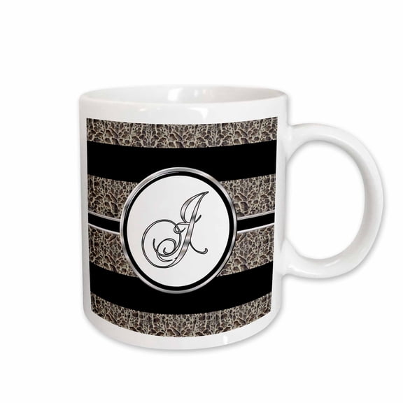 3drose, Elegant Black White Ocelot Animal Print Monogram Letter J, 11oz Mug