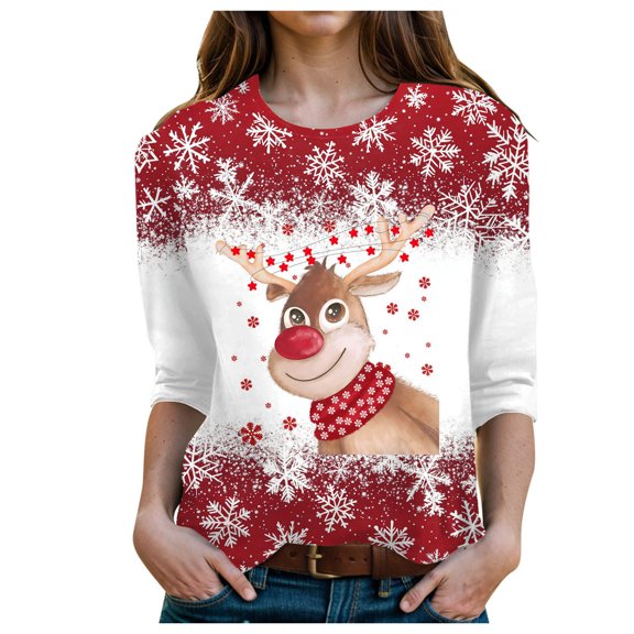 zaveiop Christmas Shirts for Women 3/4 Length Sleeve Tops Cartoon Reindeer Casual Crewneck Sweatshirts Ugly Xmas Sweater Blouses (Red, S)