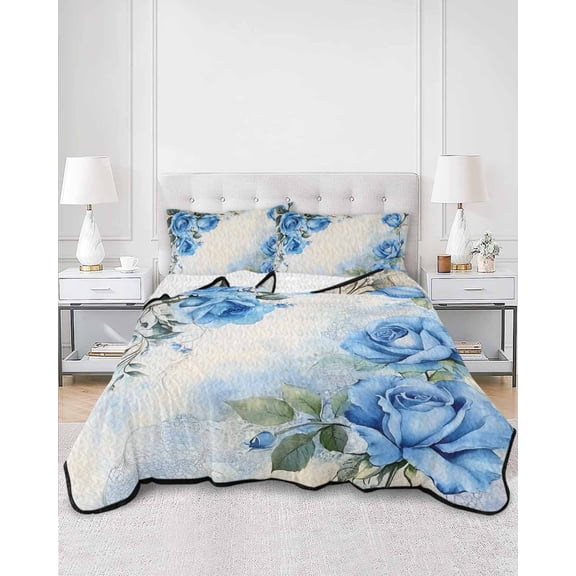 Quilts Twin Size, Blue Flower Spring Soft Comforter Bedding Set for Bed, Rose Leaves Garden Pastoral Retro Lightweight Quilted Bedspread with Pillow Cover(2 Pieces) for All Season, 68x86 Inch