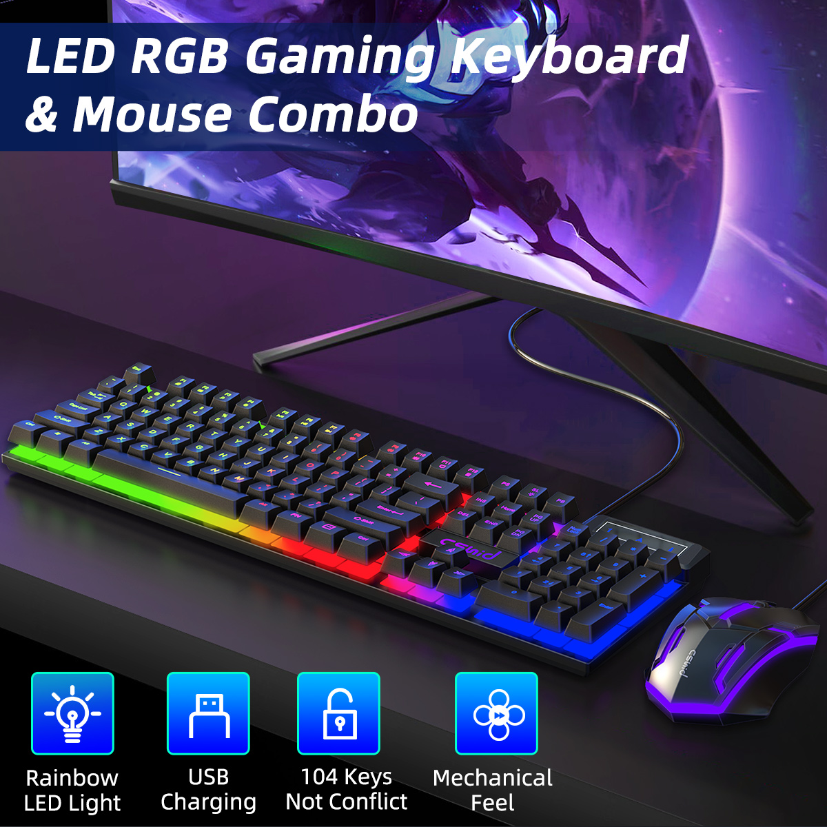 Wired Gaming Keyboard & Mouse Combo, RGB Backlit Mechanical Feel Gaming Keyboard Mouse W/ Multimedia Keys, Anti-ghosting Keys, Spill-Resistant Keycaps for Windows PC Gamers Desktop Computer Laptop - image 2 of 7