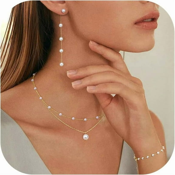 14K Gold Plated Premium Pearl Necklace Set for Women - Adjustable Choker, Bracelet, Drop Earrings - Dainty Wedding Jewelry[p904]