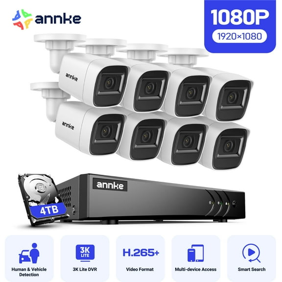 ANNKE 2MP Security Camera System, 8 Channel 3K Lite DVR Recorder with AI Motion Detection, 8X 1080P Add-on Wired Cameras with 65ft IR Night Vision, IP67, 3.6mm Lens, 4TB HDD, White
