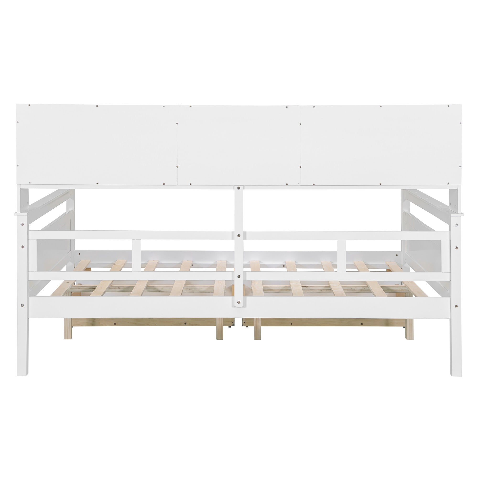 AENKYO Full Size Wooden Daybed Bed Frame with 2 Storage Drawers and Headboard Shelf, Solid Wood Sofa Bed, White