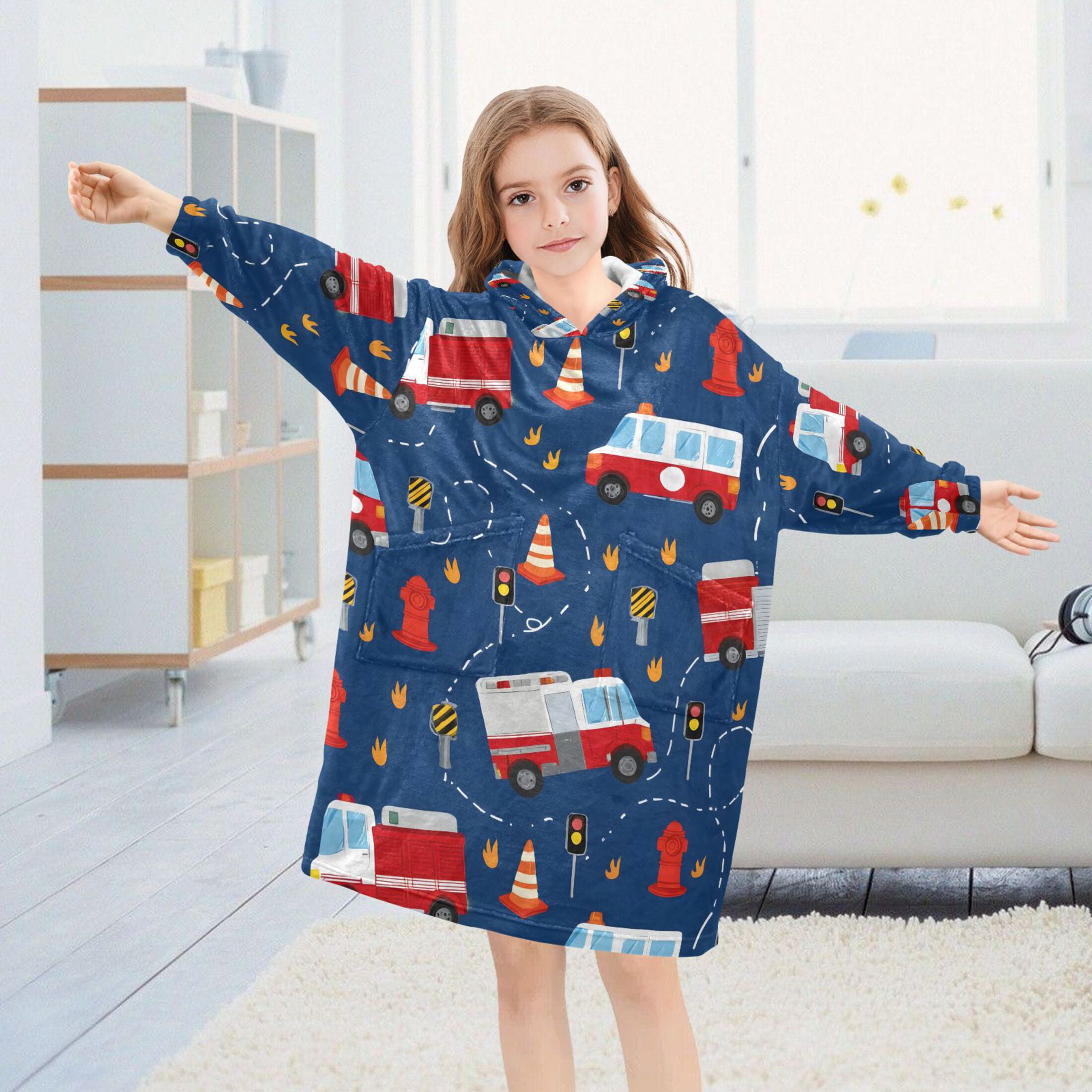 joogoo Blanket Hoodie for Fire Trucks Cartoon Oversize Sweatshirt 3-14 YR L